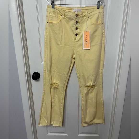 RISEN: PALE YELLOW High Rise button fly distressed Ankle Straight Pant 32! - Picture 3 of 6
